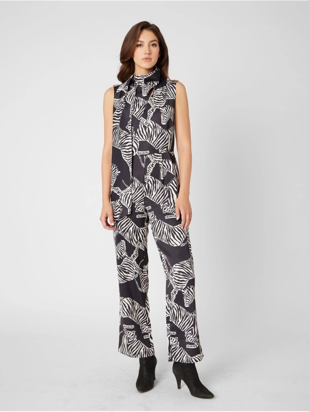 Adrienne Landau Sleeveless Black & White Zebra Print Jumpsuit